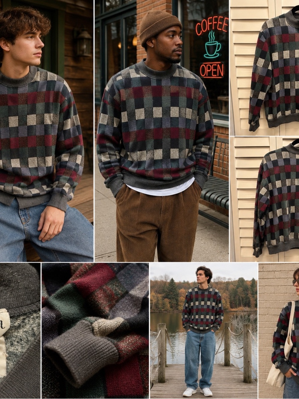 Vintage 90s BonWorth Sweater Unisex Large Checkered Mock Neck Grandpa Colorblock